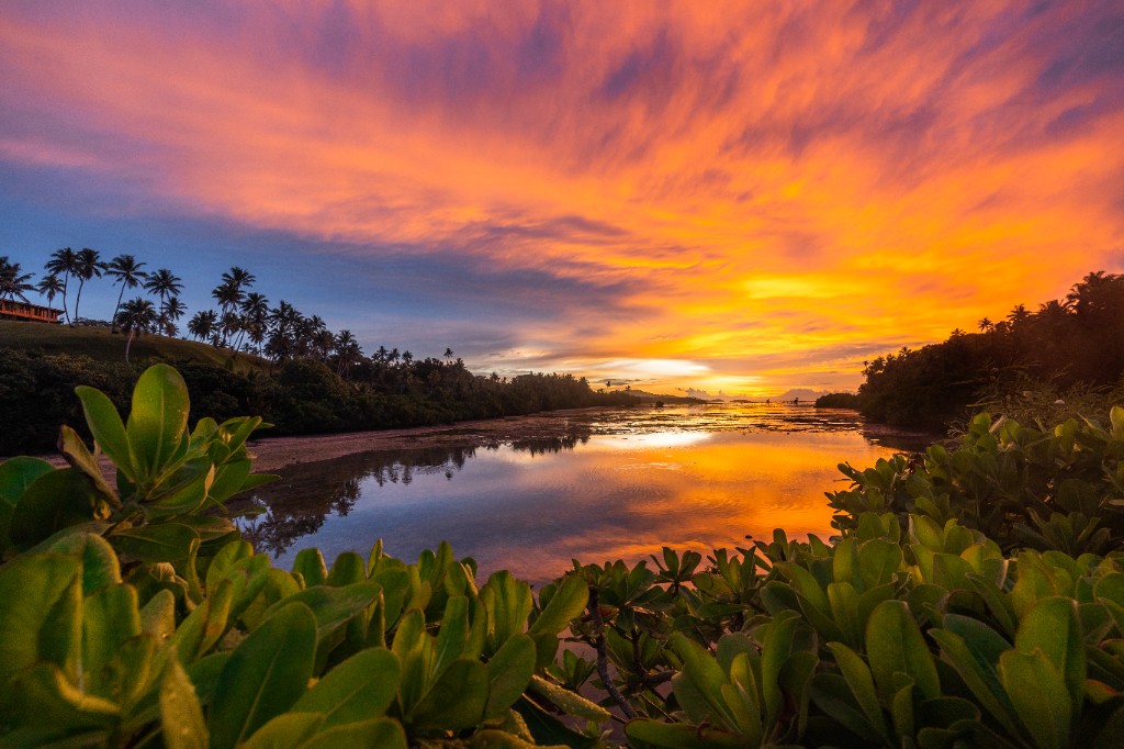 Savasi river at sunrise with palm trees and warm golden light over the lagoon